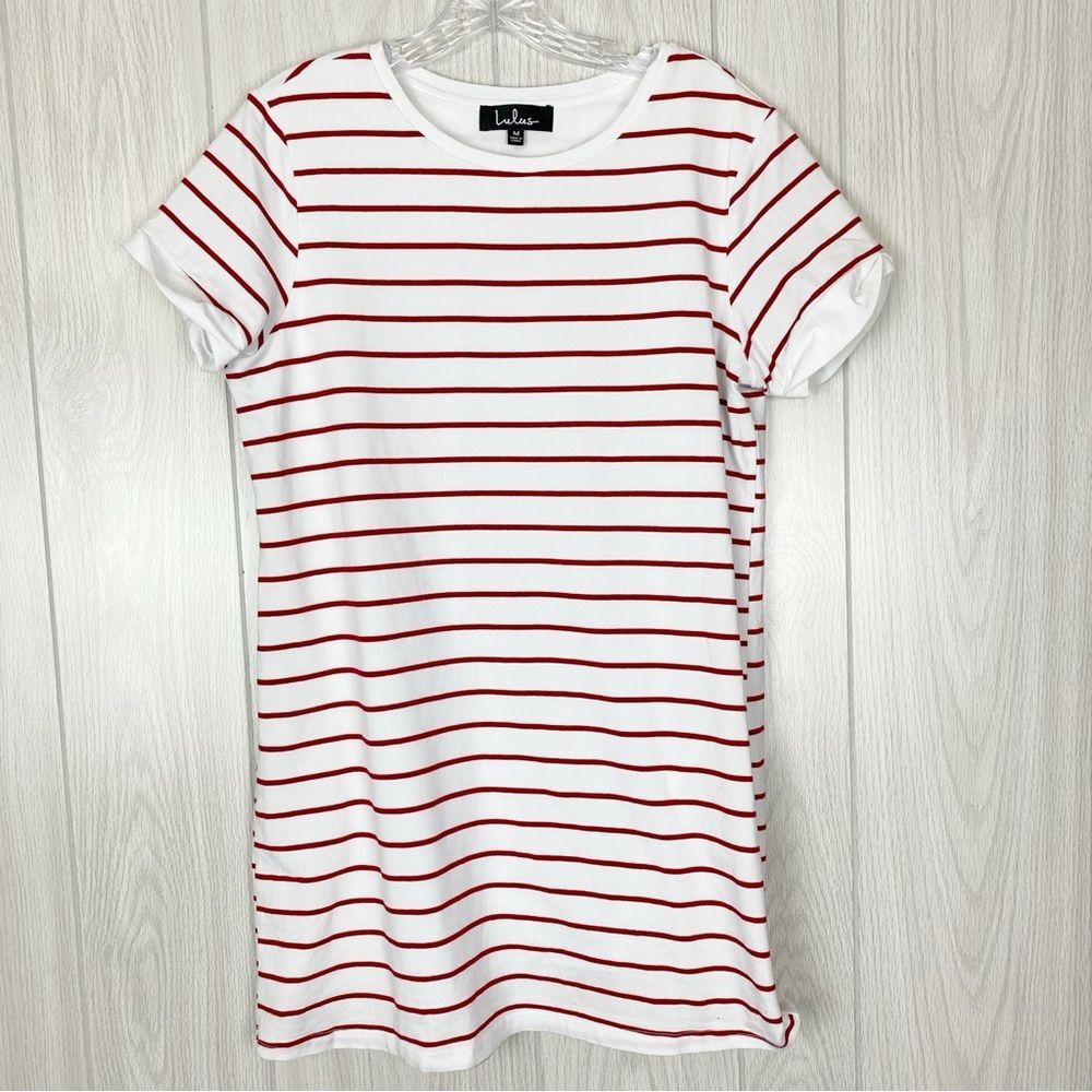 Lulus | Cafe Society White and Red Striped Shirt Dress Size Medium